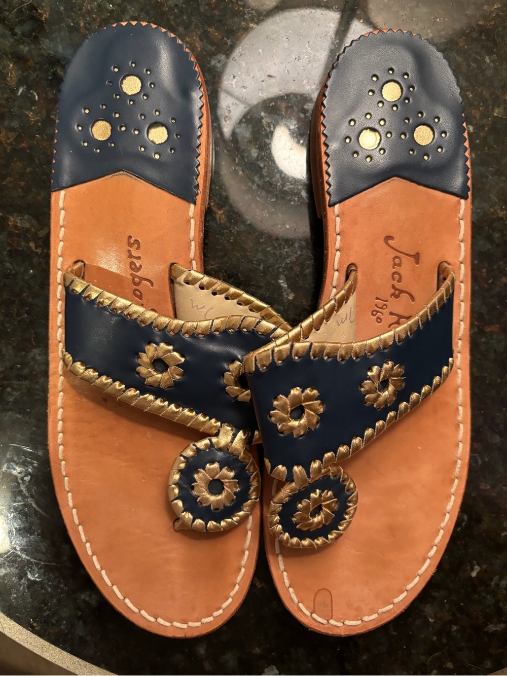 Jack Rogers Navy and Gold Leather Slide Sandals
